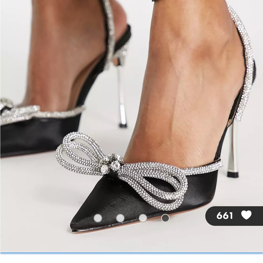 Black and Silver Crystal pointed toe Heels with Bows and crossover clasp
